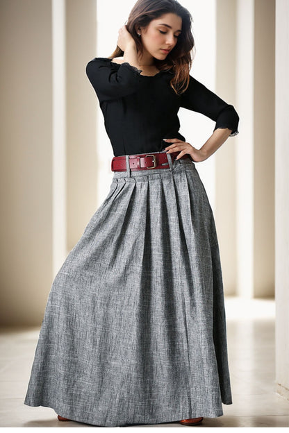 Gray Linen Maxi Skirt - Pleated Waist, Ankle Length 5139