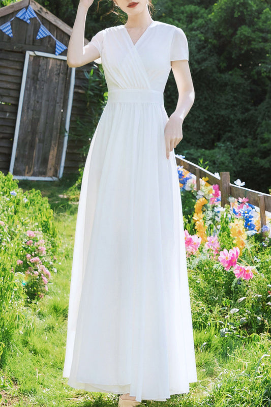 White vintage inspired long chiffon dresses HY0035