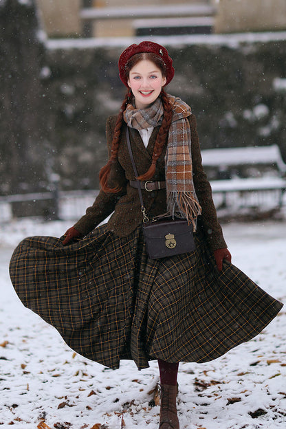 Brown Plaid Wool Midi Skirt – Vintage High Waist Circle Skirt with Pockets 4781