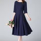 Handmade Navy Linen Cotton Midi Dress – Fit & Flare with Pockets 6656