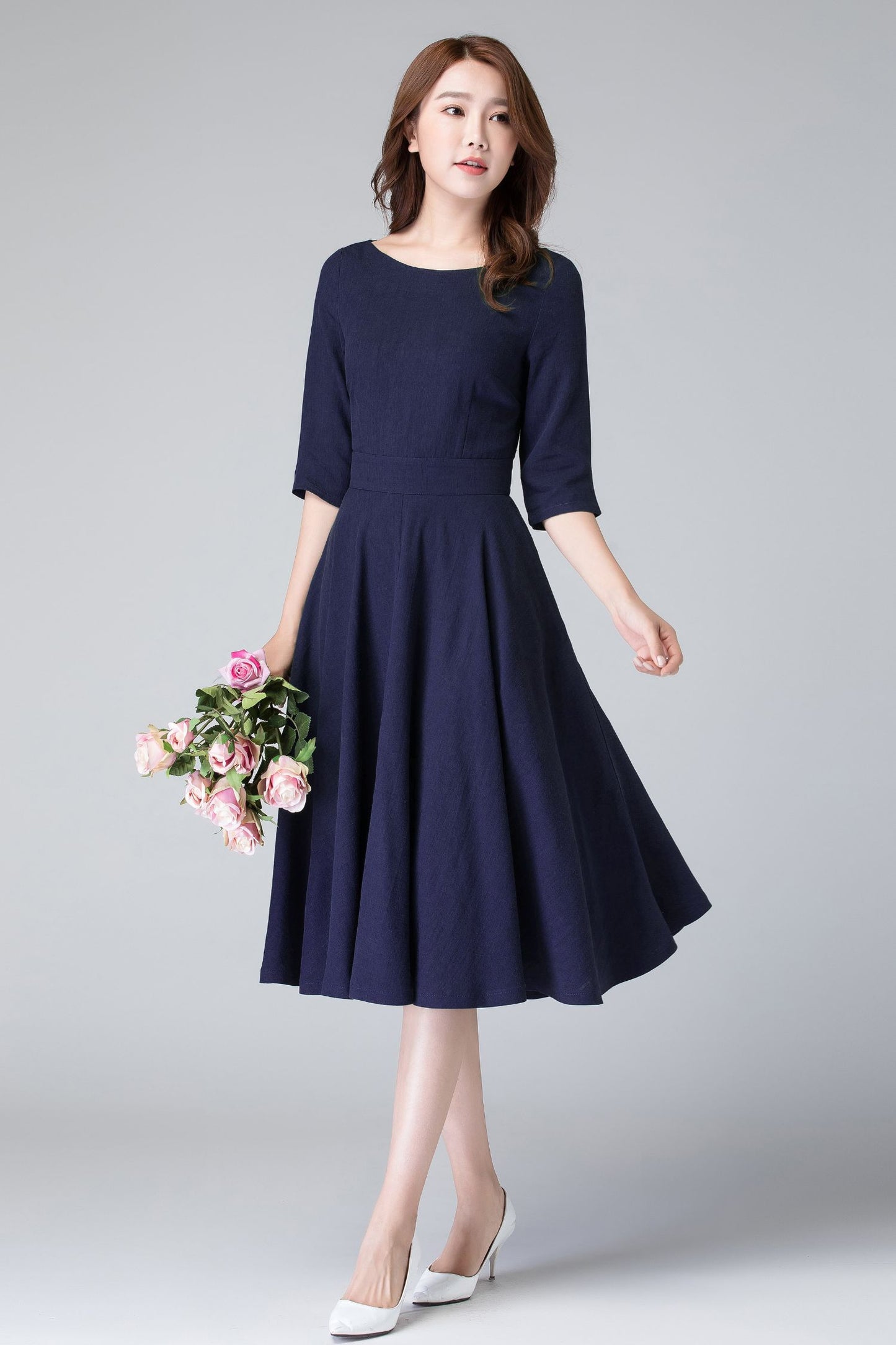 Handmade Navy Linen Cotton Midi Dress – Fit & Flare with Pockets 6656