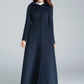 Navy blue maxi wool coat with hood 1637#