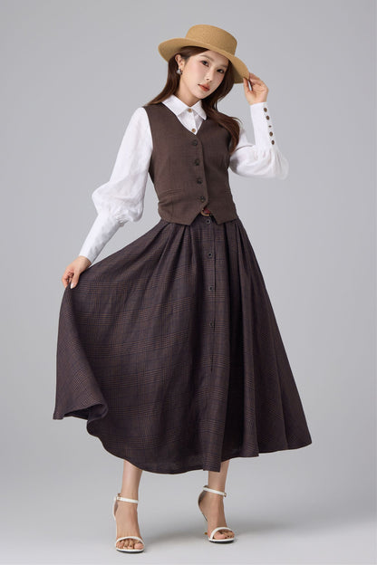 Brown Linen Cotton Skirt - Plaid High Waist | Xiaolizi 6756