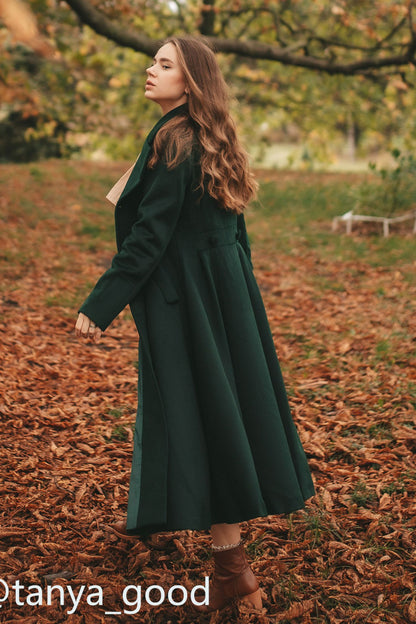 Army Green Wool Maxi Coat - Pleated Flare Double Breasted 3160