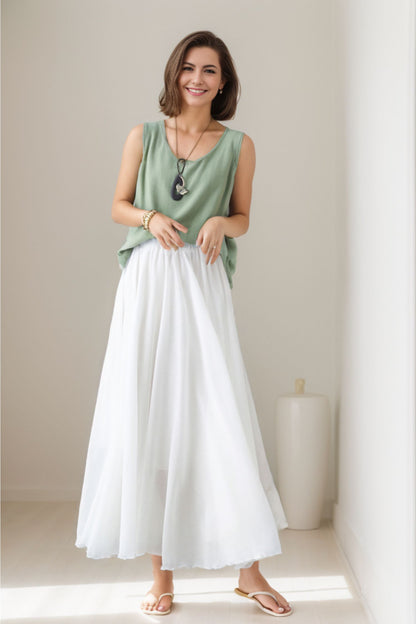 White Linen Maxi Swing Skirt, Pleated Elastic Waist | Xiaolizi 2748