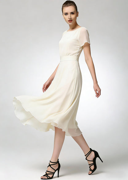 Beige Chiffon Midi Dress with Short Sleeves and Flowing Skirt | Xiaolizi 6782