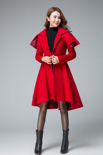 Handmade Red Wool Cape Coat – Vintage High-Low Winter Overcoat with Detachable Cape | Xiaolizi 1848