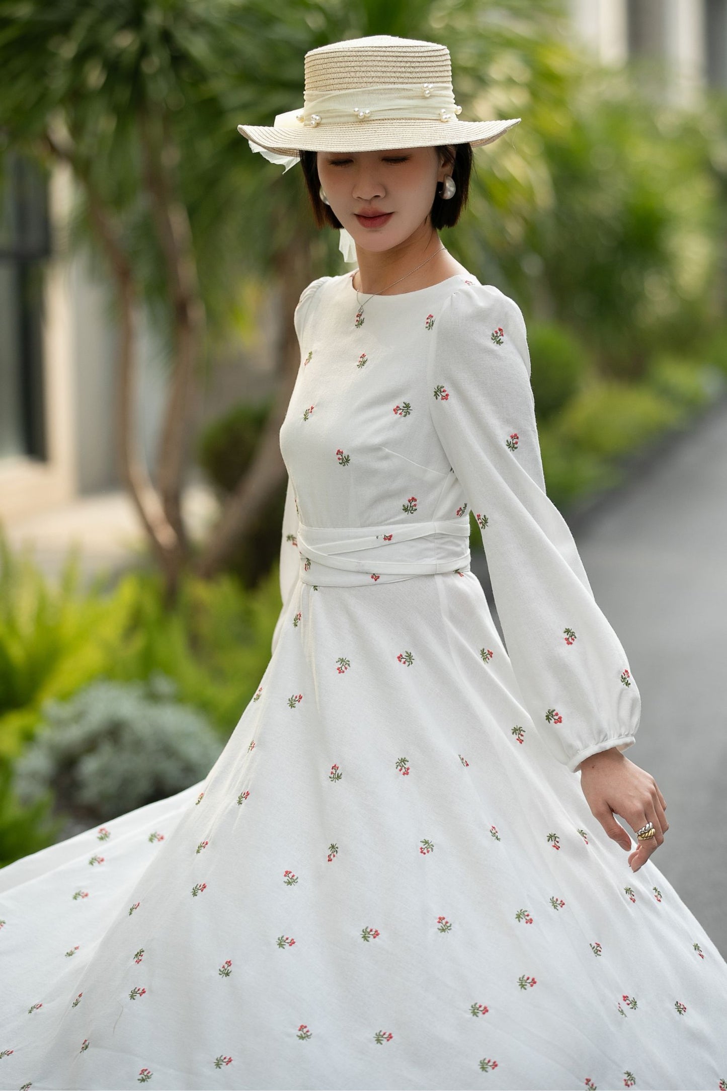 Handmade White Floral Linen Midi Dress – Vintage A-Line Long Sleeve Dress 6661