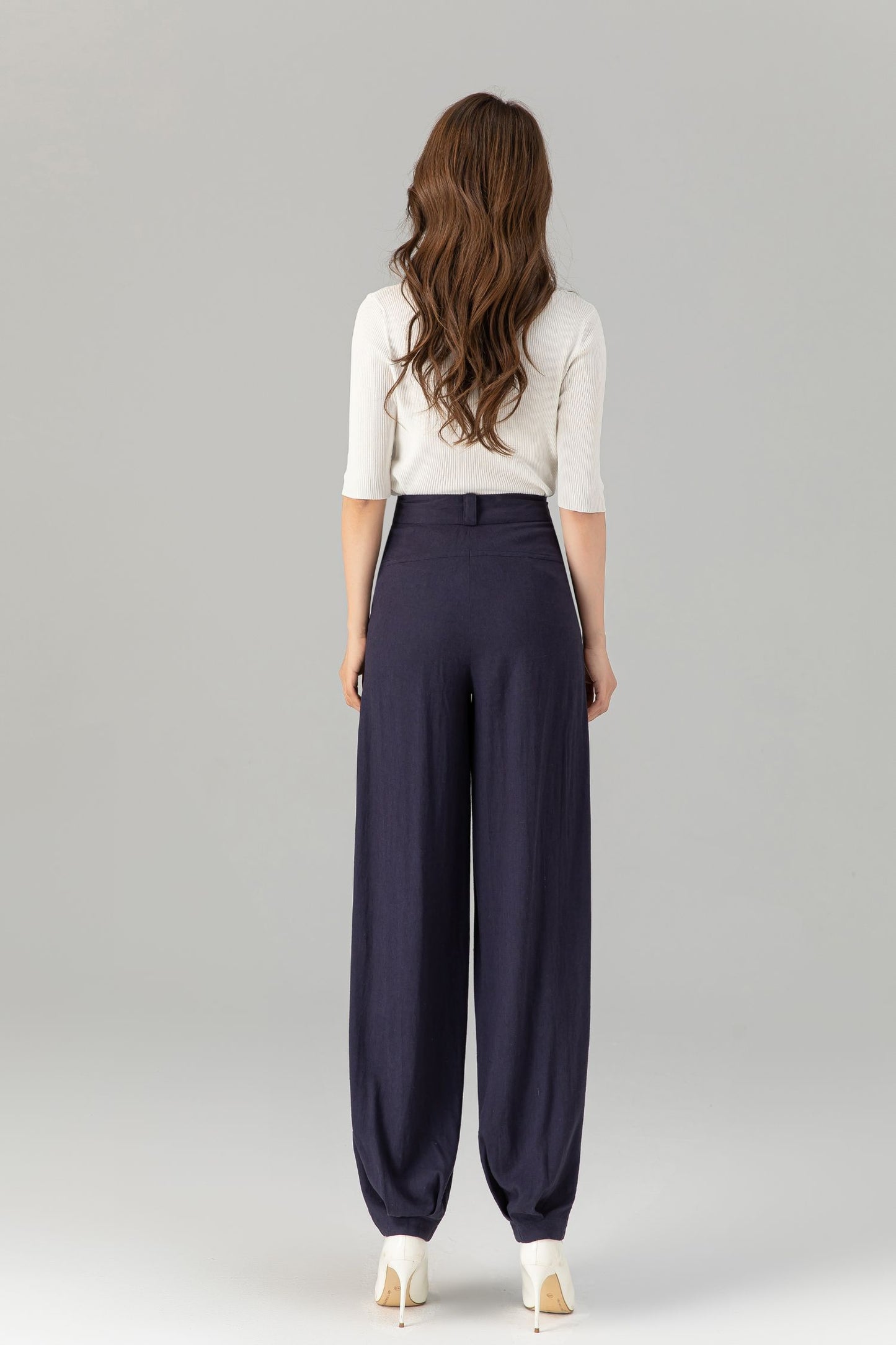 Navy loose fitting wide leg linen pants 4937