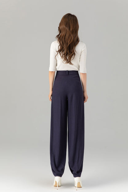 Navy loose fitting wide leg linen pants Handmade by Xiaolizi 5914