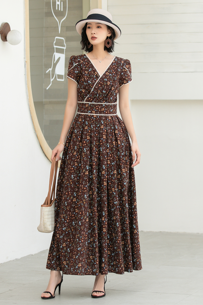 Vintage Floral Linen Cotton Maxi Dress – Women’s Puff Sleeve Wedding & Prom Dress 5833