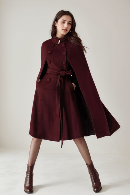 Burgundy Wool Cape Coat – Women’s Vintage Stand Collar Cloak with Belt 5245