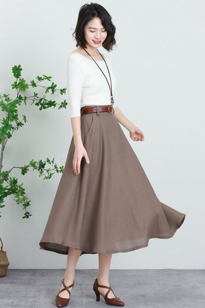 Beige Linen Cotton Midi Skirt - High-Waisted A-Line with Pockets 5740