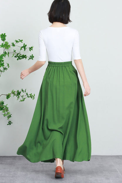 Green Cotton Linen Maxi Skirt - Button Down Pleated Design 5732