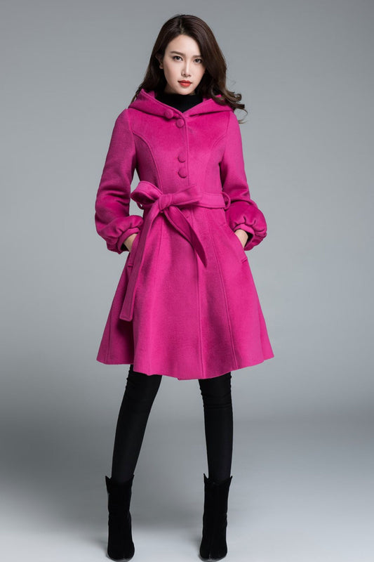 Hooded swing wool coat with tie belt waist 1647