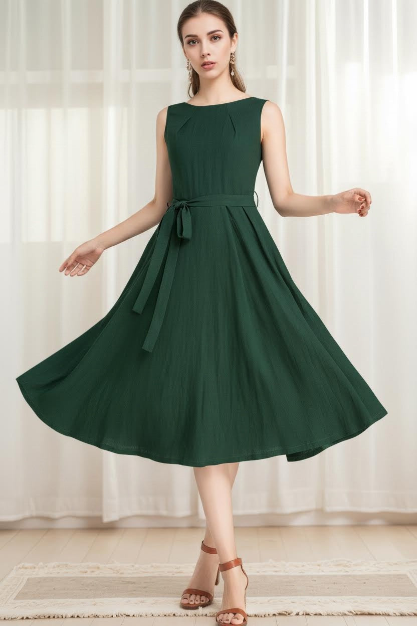 Green Linen Fit and Flare Dress – Vintage Sleeveless Midi 6624