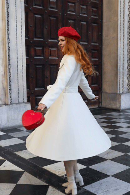 White Wool Swing Coat - Single-Breasted with Self-Tie Belt 4734