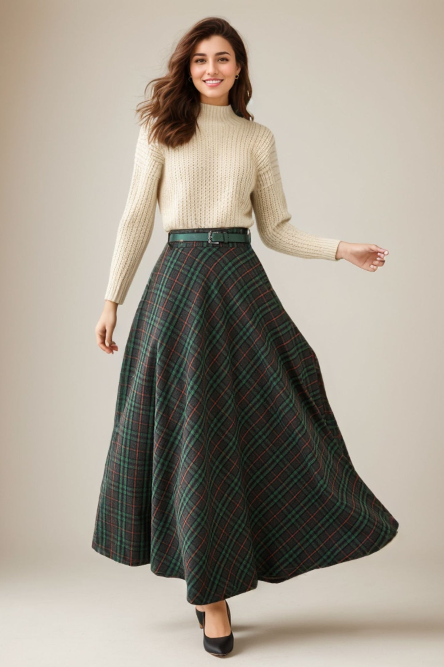 Swing Long wool plaid skirt 5260