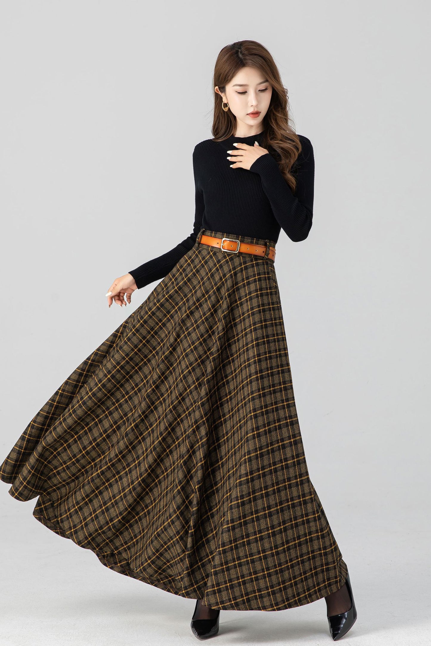 High waisted plaid winter long wool skirt 4666