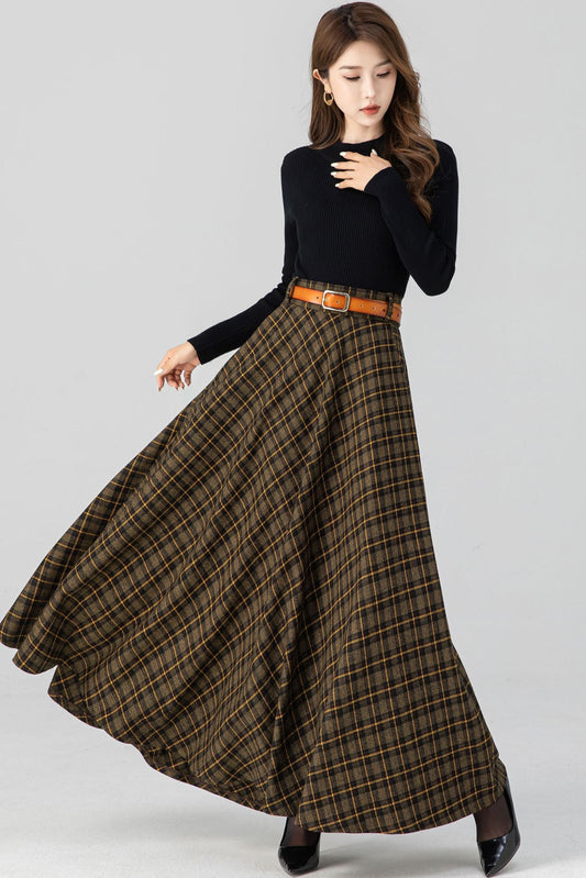 Handmade Brown Plaid Wool Maxi Skirt – High Waist Pleated Winter Long Skirt | Xiaolizi 4666
