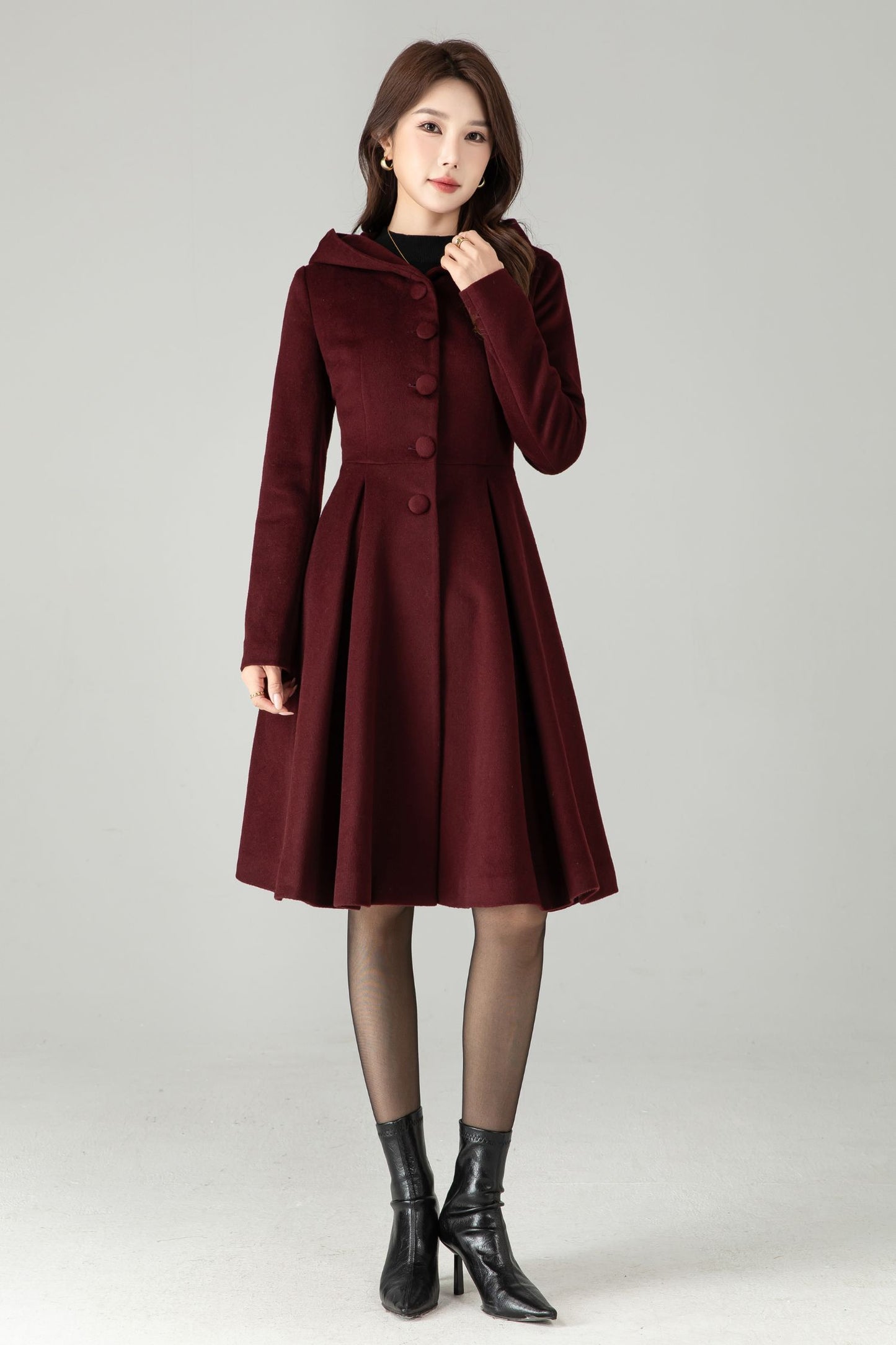 Hooded Burgundy Wool Coat – Vintage Fit & Flare Short Winter Coat | Xiaolizi 6572