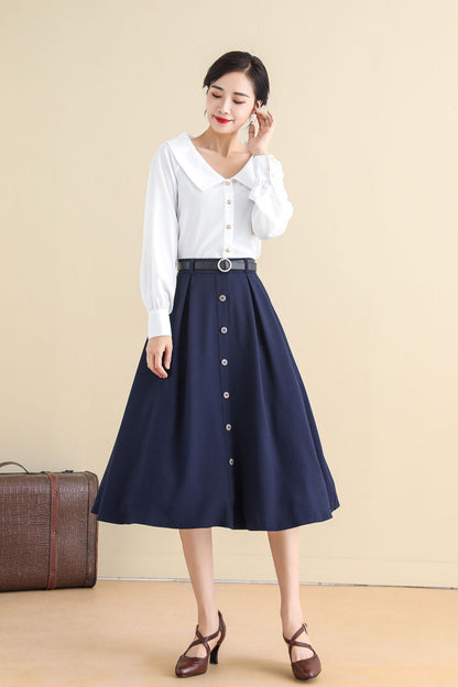 Navy Buttoned Cotton Blend Midi Skirt - A-Line, Vintage Inspired 2786