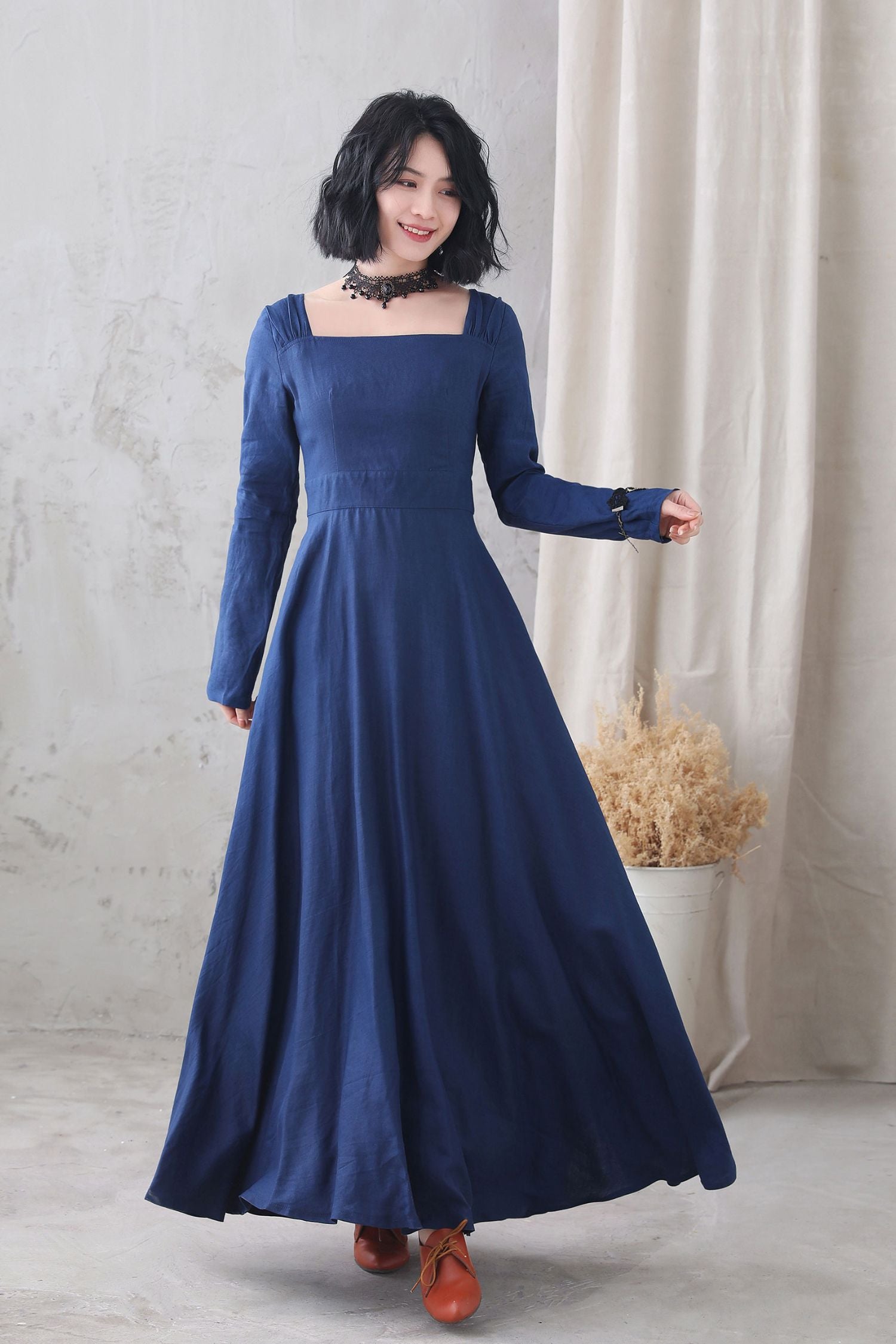 Navy Linen Maxi Dress with Fitted Waist and Square Neckline