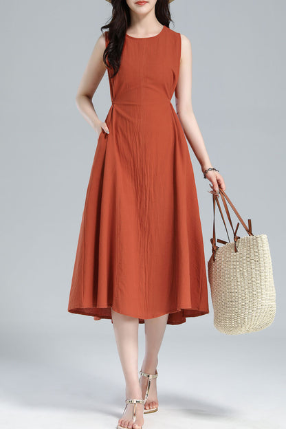 Orange Sleeveless Midi Linen Dress 3617