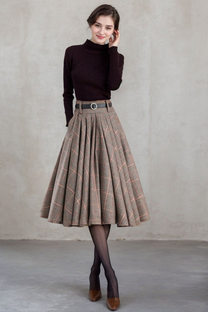 Beige Plaid Wool Skirt Midi - Handmade Retro Full Skirt 5405