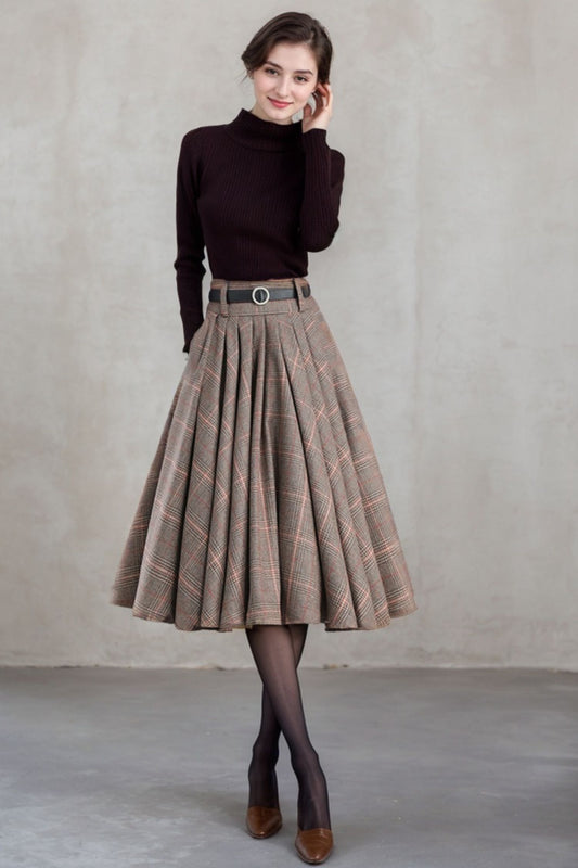 Handmade women's Retro Plaid Wool Skirt Midi 5405