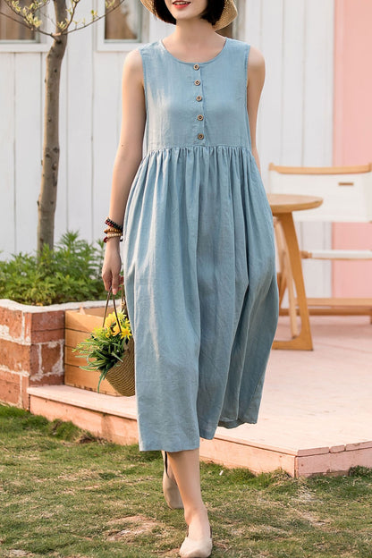 A line loose fitting light blue linen dress 2804 -Size XS #yy01678