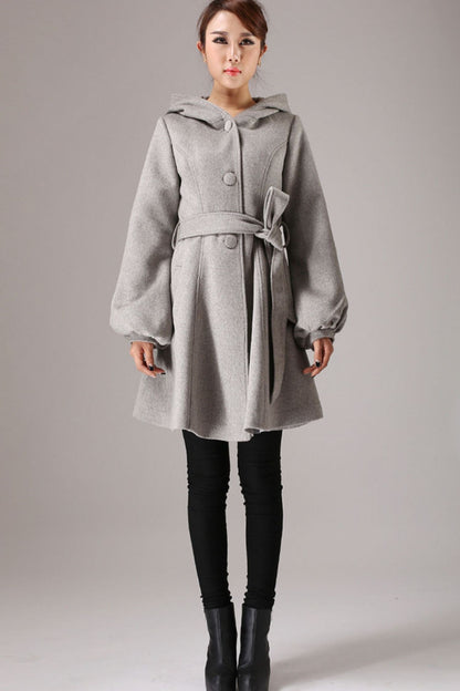 Gray Wool Coat with Lantern Sleeves - Hooded, Self Tie Belt Waist 759