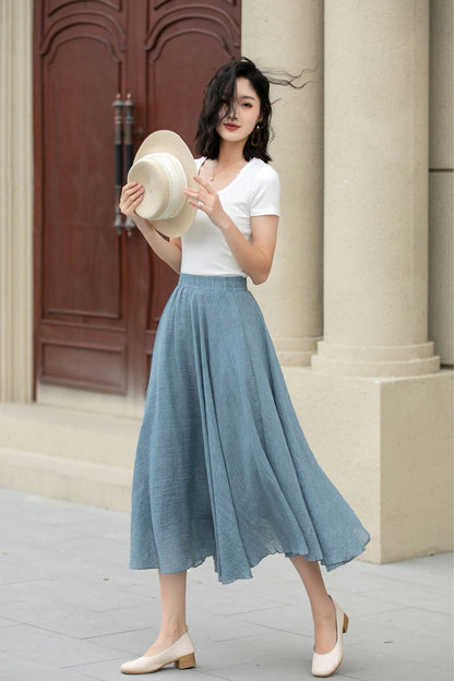 Blue Linen Cotton Midi Skirt - A-Line Swing | Xiaolizi 5150
