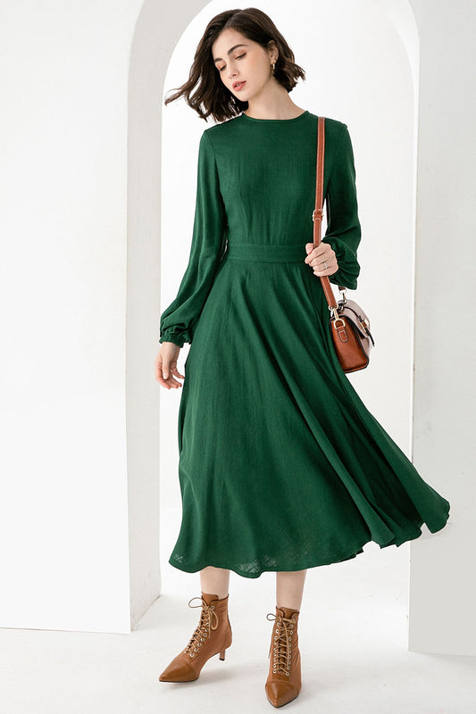 Women Green Midi Linen Dress 3829