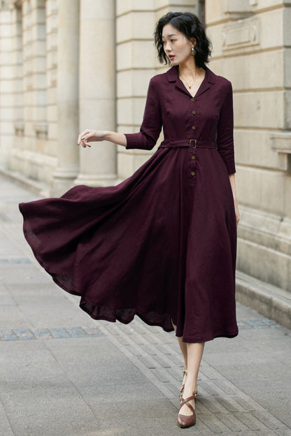 Burgundy Linen Shirt Dress for Women, Xiaolizi Belted A-Line Dress 6707