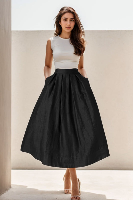 Black long a line summer linen skirt 5124