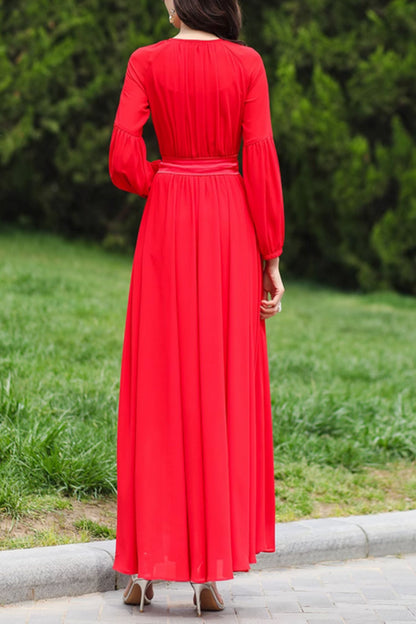 Red Chiffon Maxi Dress - Fitted Waist with 3/4 Sleeves 5003