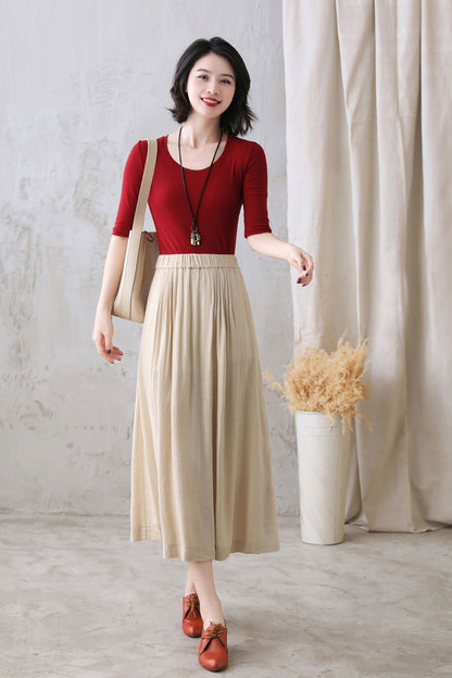 Khaki Cotton Linen Midi Skirt - Pleated Waist, High Rise 2773