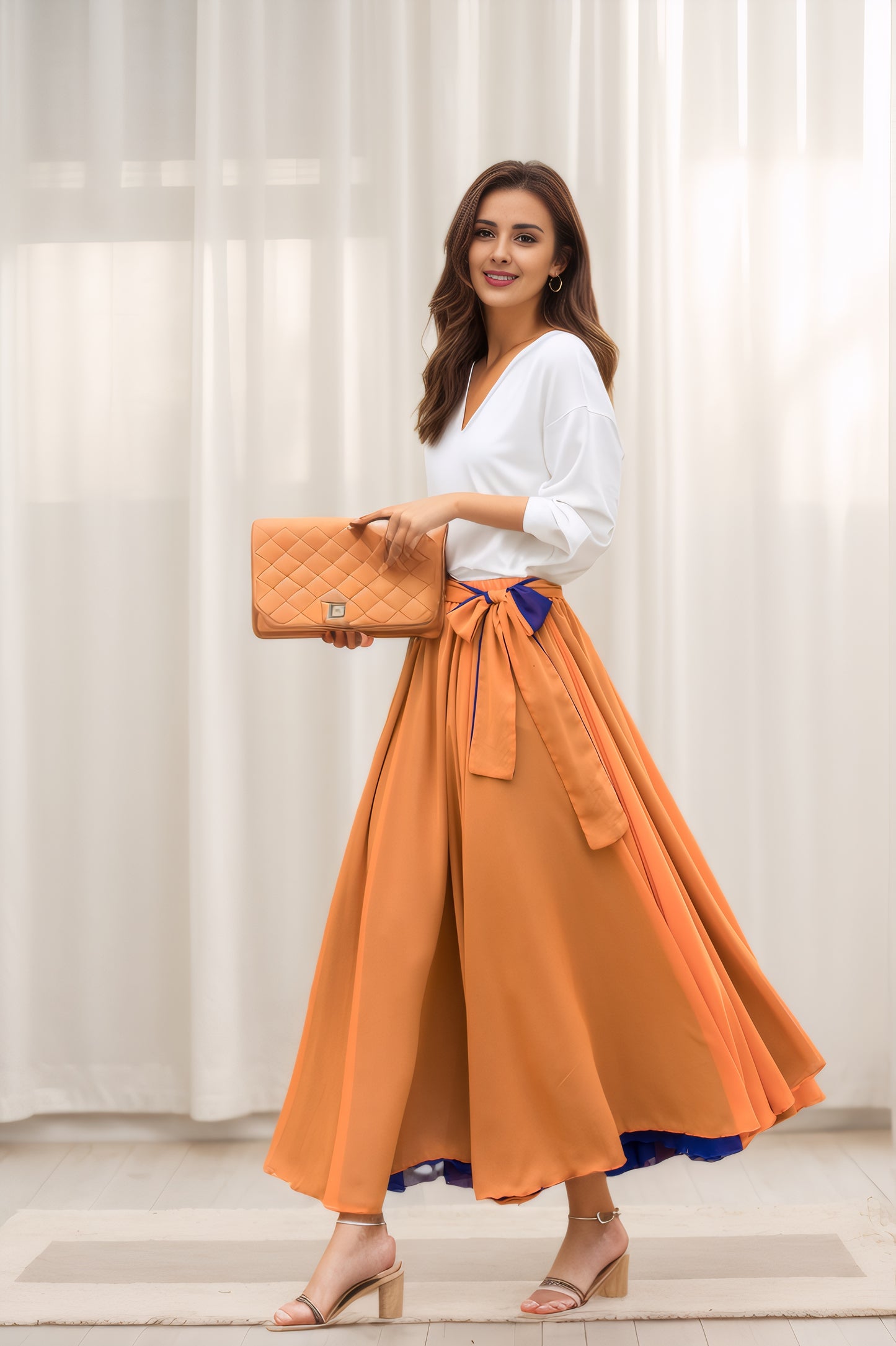 Boho Elastic Waist Chiffon Skirt with Belted 5742