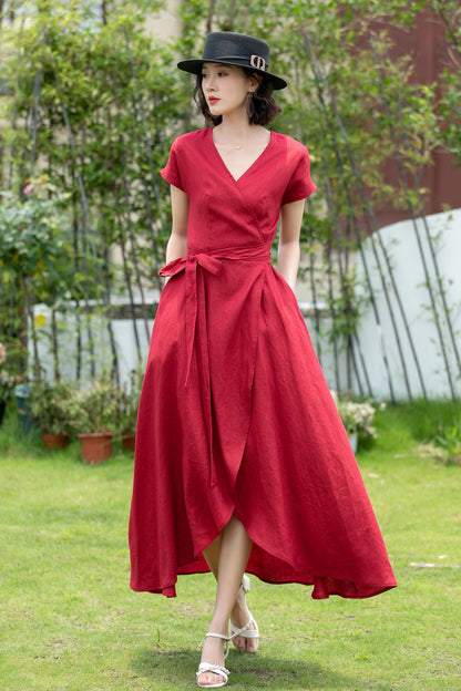 Short sleeve Burgundy Linen Wrap dress 5202