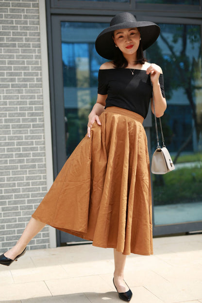 Handmade Camel Linen Midi Skirt – High Waist A-Line Flared Skirt | Xiaolizi 2194