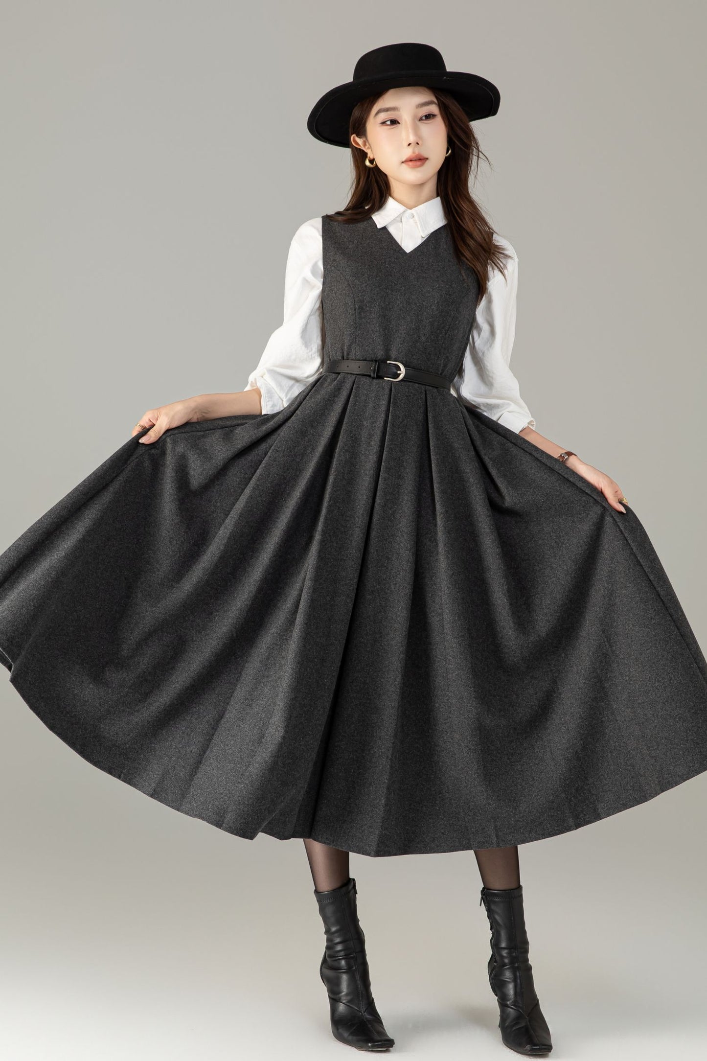 Handmade Wool Blend A-Line Midi Dress – Vintage Winter Swing Style | Xiaolizi 6498