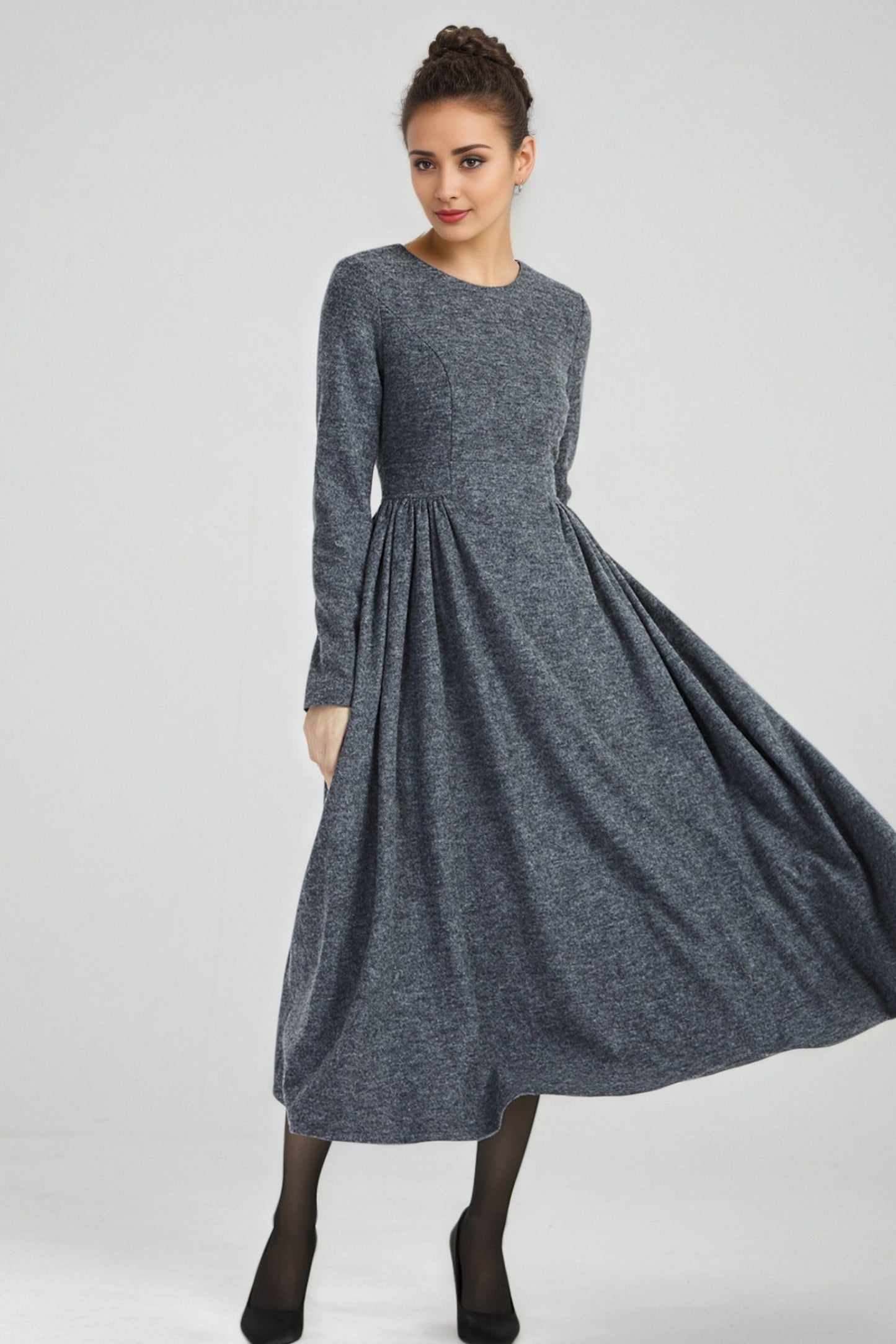 dark gray maxi fit and flare wool dress 6293
