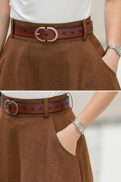 Brown Cotton Blend A-Line Midi Skirt - Flowy with Pockets 6047