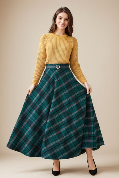 Green Plaid Wool Maxi Skirt – High Waist A-Line Winter Skirt with Pockets 5264