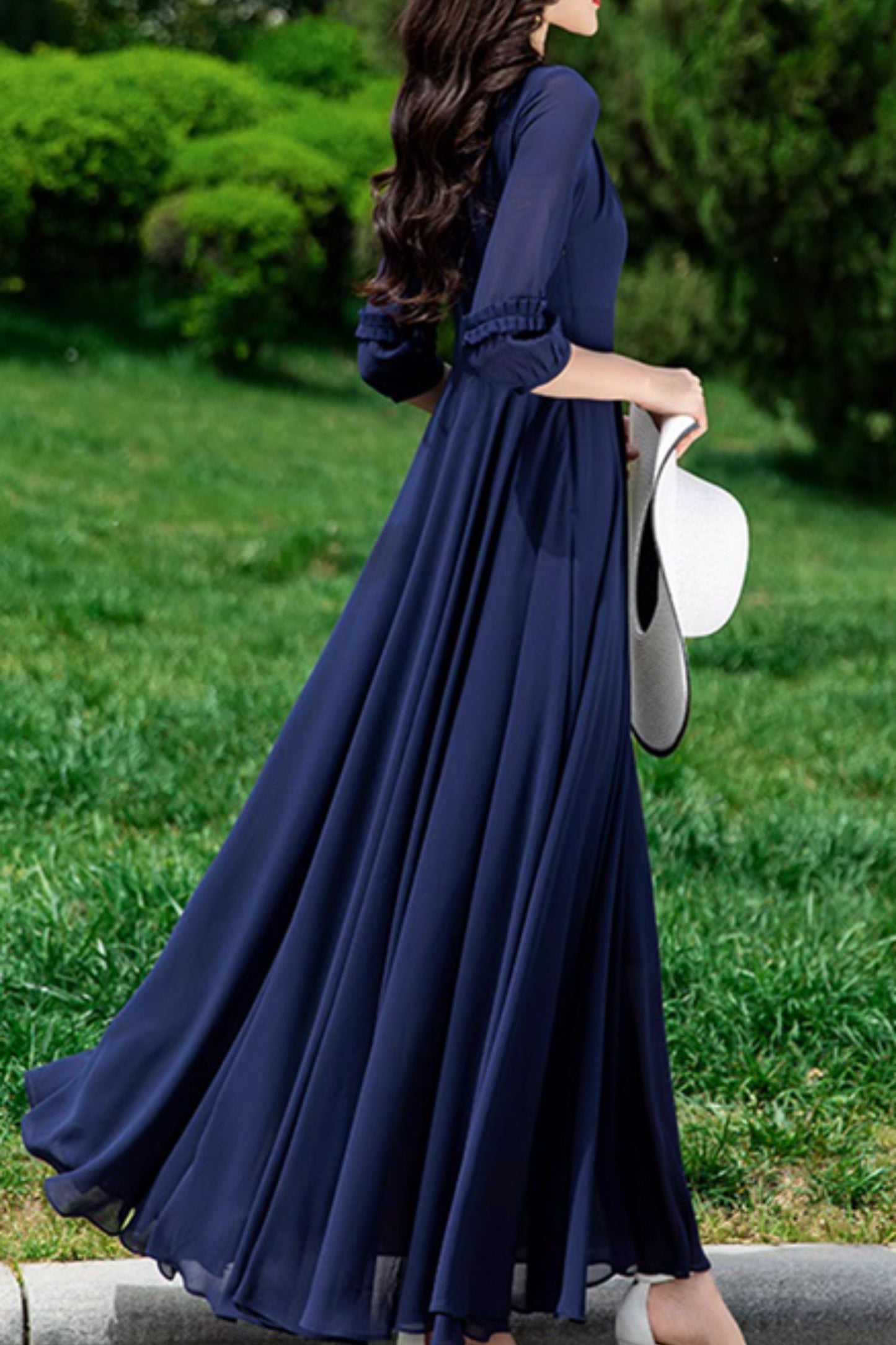 Navy blue maxi prom wedding chiffon dress 5169