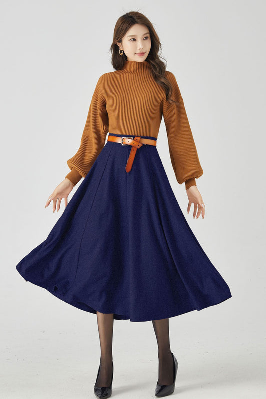 Navy Wool High-Waisted Circle Skirt - Elegant Flowy Silhouette 5443
