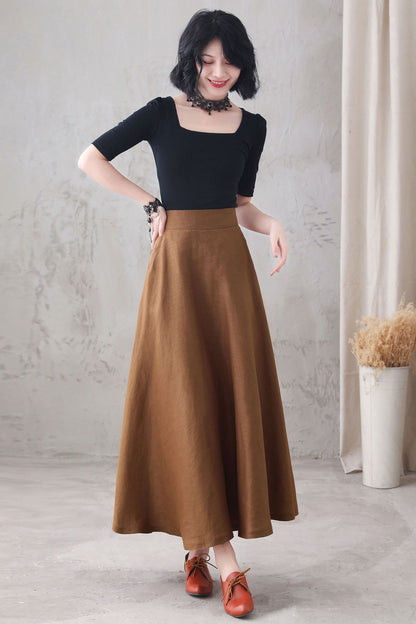 Brown Linen Maxi Skirt - High Waist A-Line with Pockets 3286