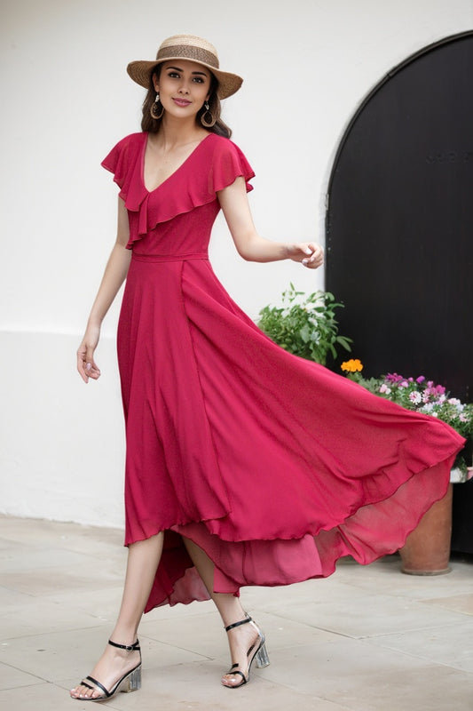 Red fit and flare swing Chiffon dress 5958