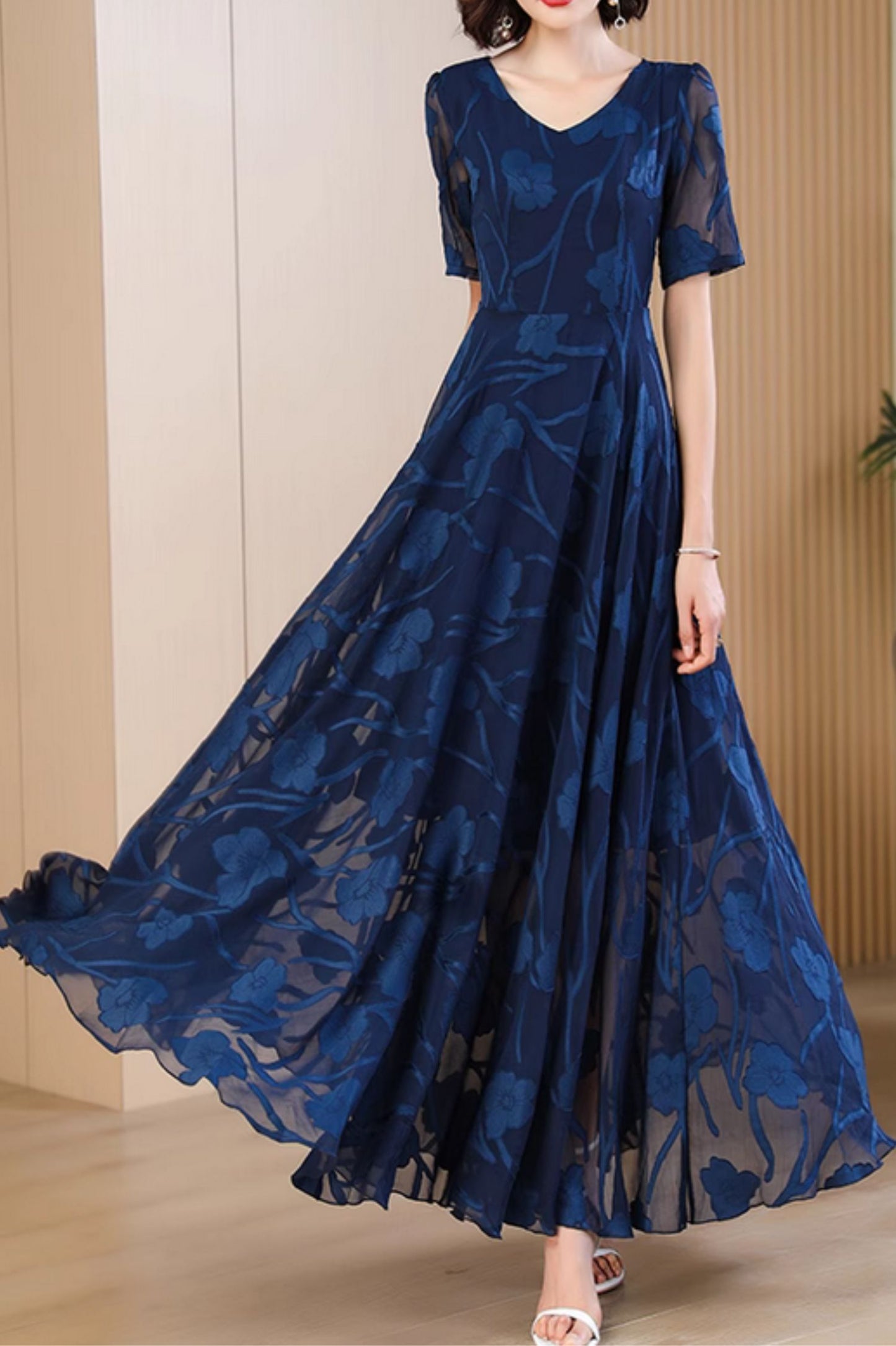 Dark blue floral maxi prom summer chiffon dress 5051